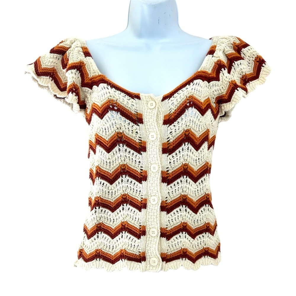 BROADWAY 38 Crochet Open Knot Top Size XS-S Flutter Sleeve Boho Festival